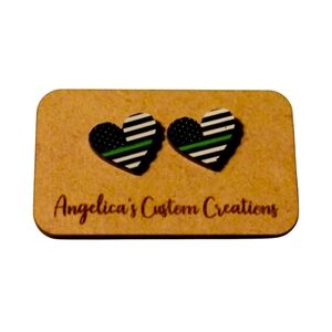 Green Line Heart Wood Stud Earrings